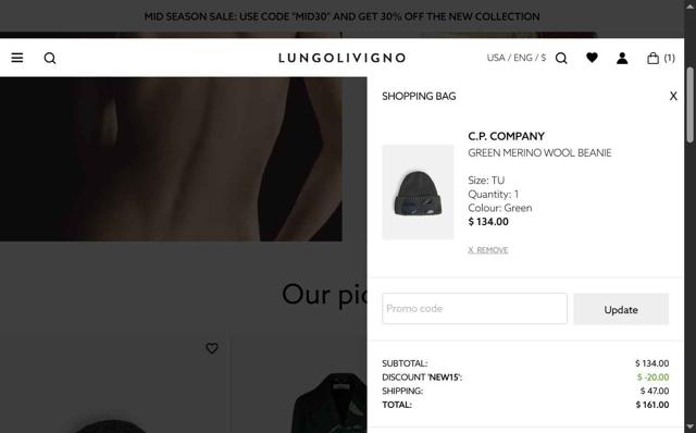 Lungolivigno Fashion checkout page showing Lungolivigno Fashion promo code box | Screenshot taken by SimplyCodes community member on Sep 27, 2025