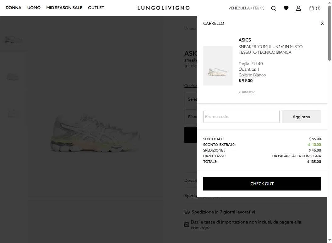 Lungolivigno Fashion checkout page showing Lungolivigno Fashion promo code box | Screenshot taken by SimplyCodes community member on Nov 4, 2025