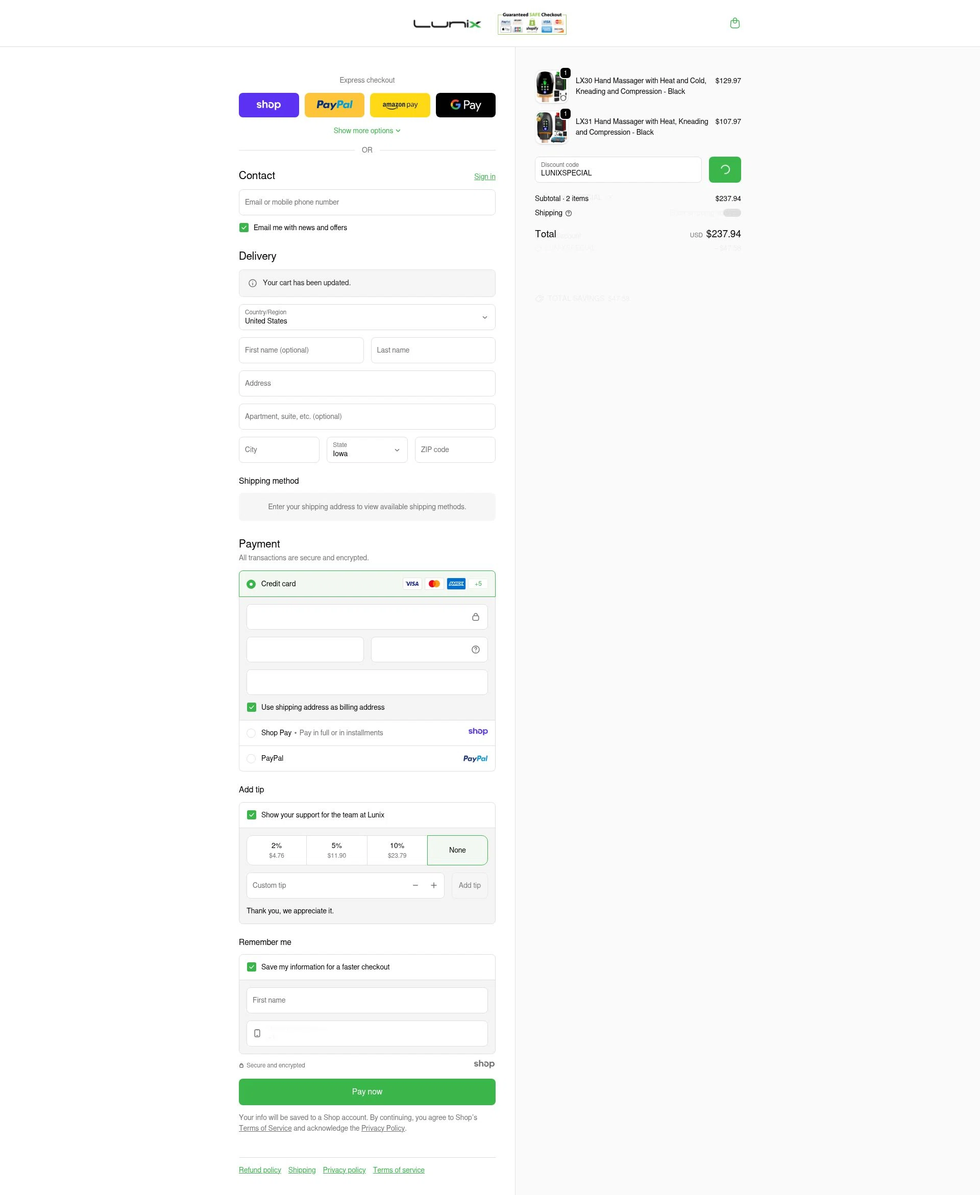 Lunix checkout page showing Lunix discount code box | Screenshot taken by SimplyCodes community member on Dec 23, 2025