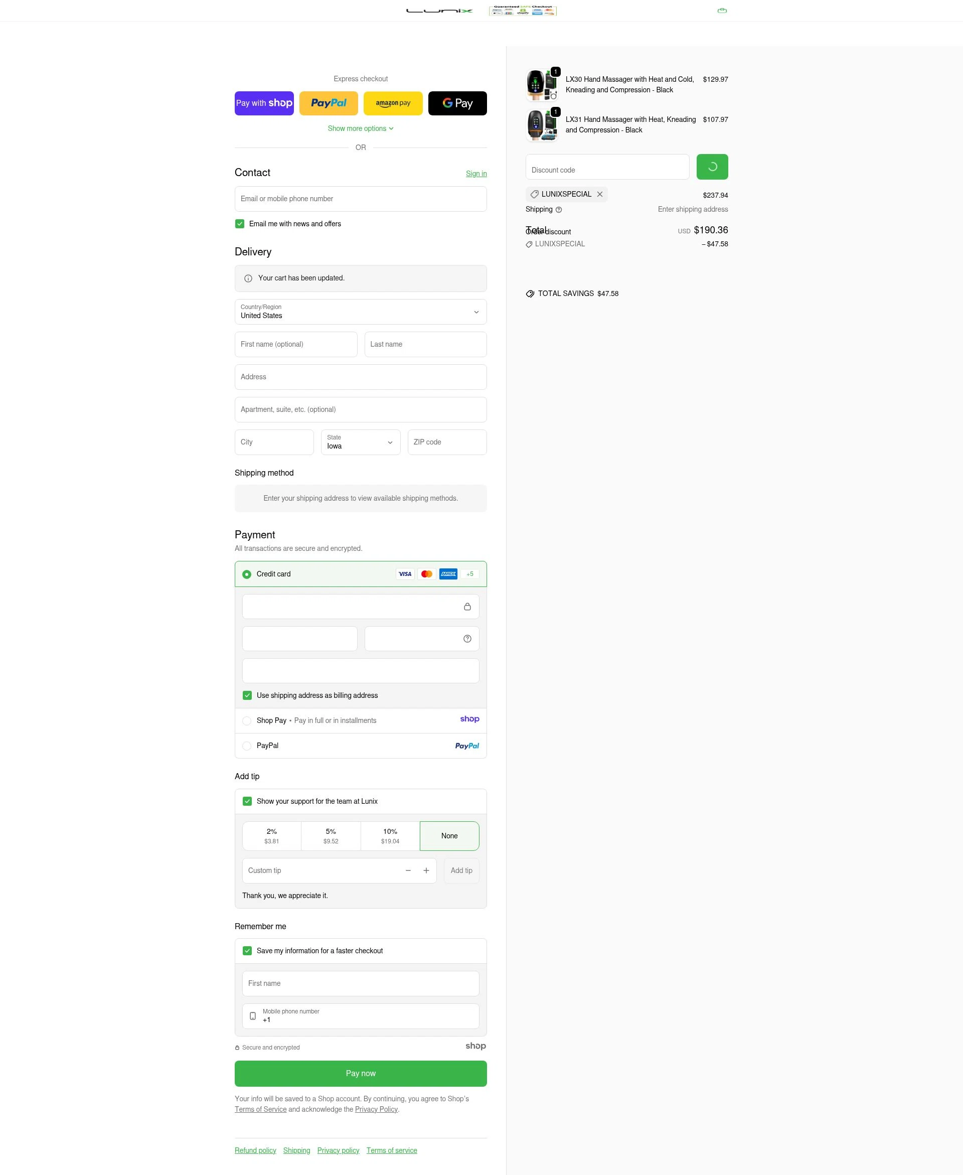 Lunix checkout page showing Lunix discount code box | Screenshot taken by SimplyCodes community member on Jan 7, 2026