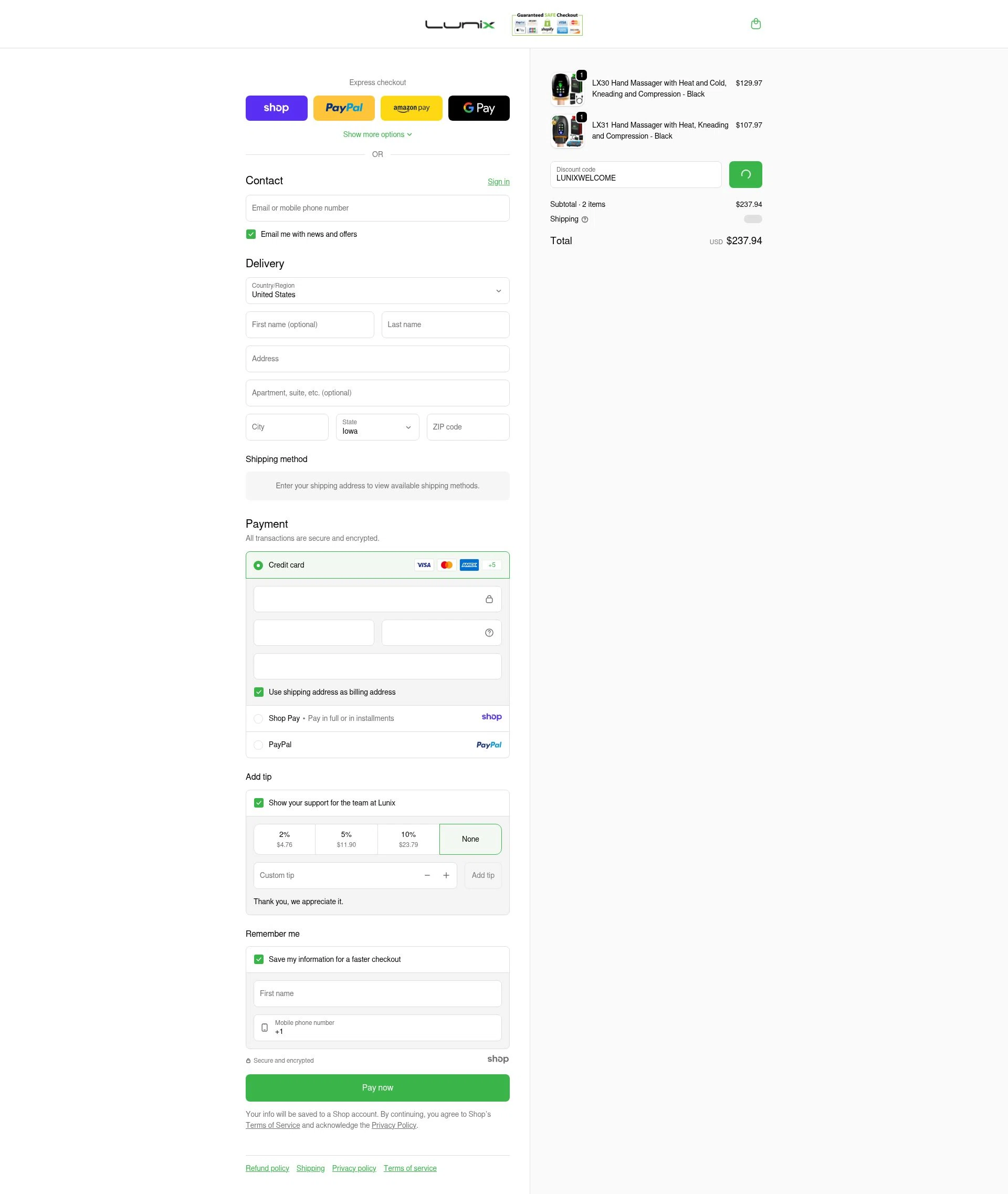 Lunix checkout page showing Lunix discount code box | Screenshot taken by SimplyCodes community member on Dec 28, 2025