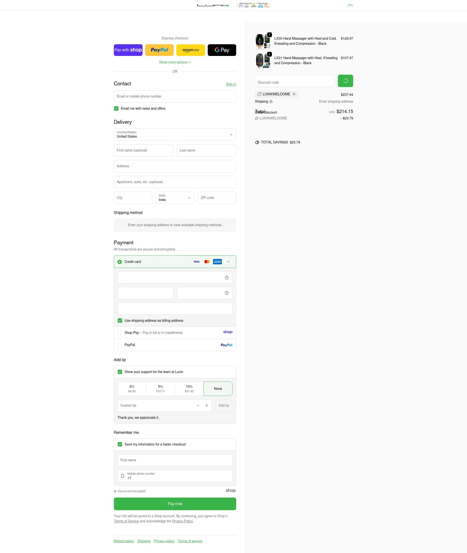 Lunix checkout page showing Lunix discount code box | Screenshot taken by SimplyCodes community member on Jan 7, 2026