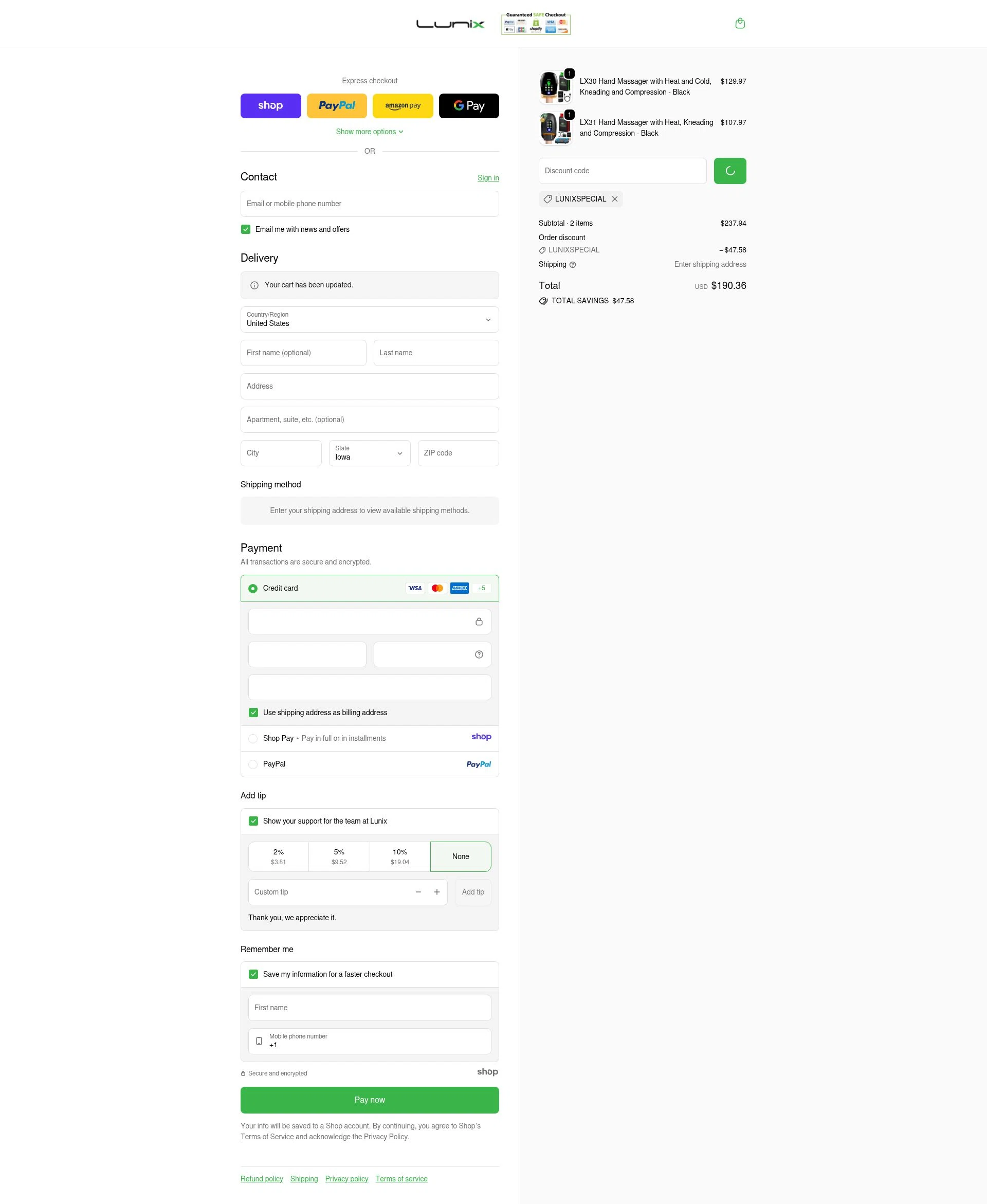 Lunix checkout page showing Lunix discount code box | Screenshot taken by SimplyCodes community member on Jan 2, 2026