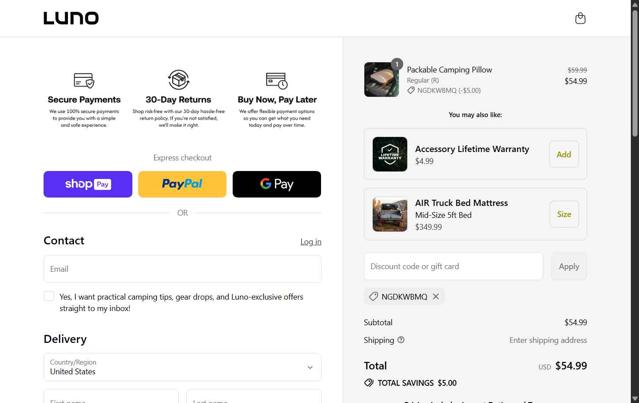 Luno Life checkout page showing Luno Life discount code box | Screenshot taken by SimplyCodes community member on Aug 14, 2025