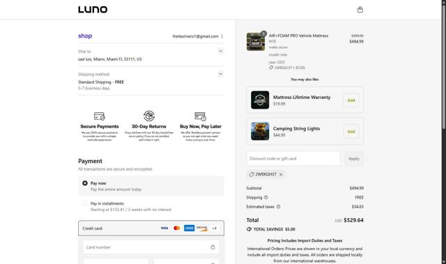 Luno Life checkout page showing Luno Life discount code box | Screenshot taken by SimplyCodes community member on Sep 4, 2025