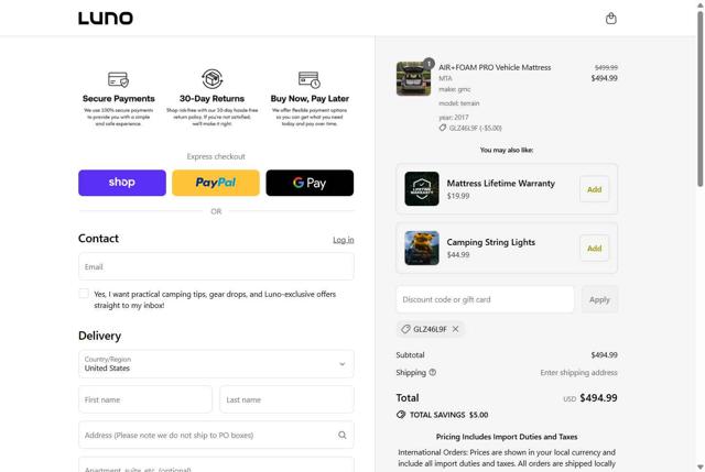 Luno Life checkout page showing Luno Life discount code box | Screenshot taken by SimplyCodes community member on Sep 4, 2025