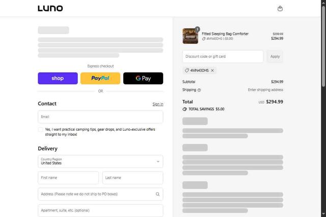 Luno Life checkout page showing Luno Life discount code box | Screenshot taken by SimplyCodes community member on Sep 12, 2025