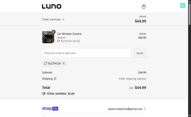 Luno Life checkout page showing Luno Life discount code box | Screenshot taken by SimplyCodes community member on Aug 26, 2025