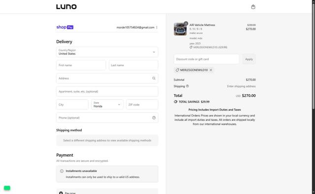 Luno Life checkout page showing Luno Life discount code box | Screenshot taken by SimplyCodes community member on Jul 29, 2025