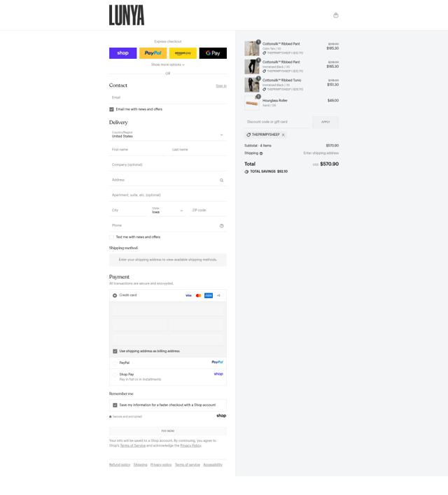 Lunya checkout page showing Lunya discount code box | Screenshot taken by SimplyCodes community member on Sep 11, 2025