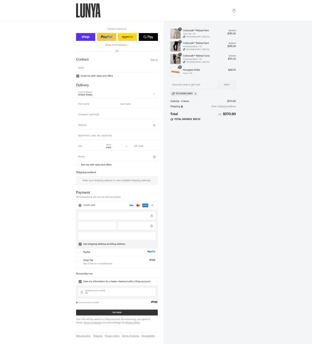Lunya checkout page showing Lunya discount code box | Screenshot taken by SimplyCodes community member on Sep 11, 2025