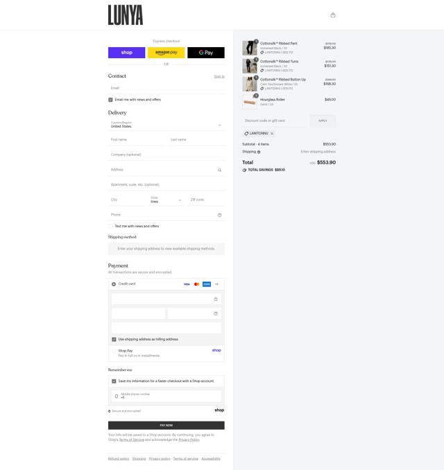 Lunya checkout page showing Lunya discount code box | Screenshot taken by SimplyCodes community member on Sep 13, 2025