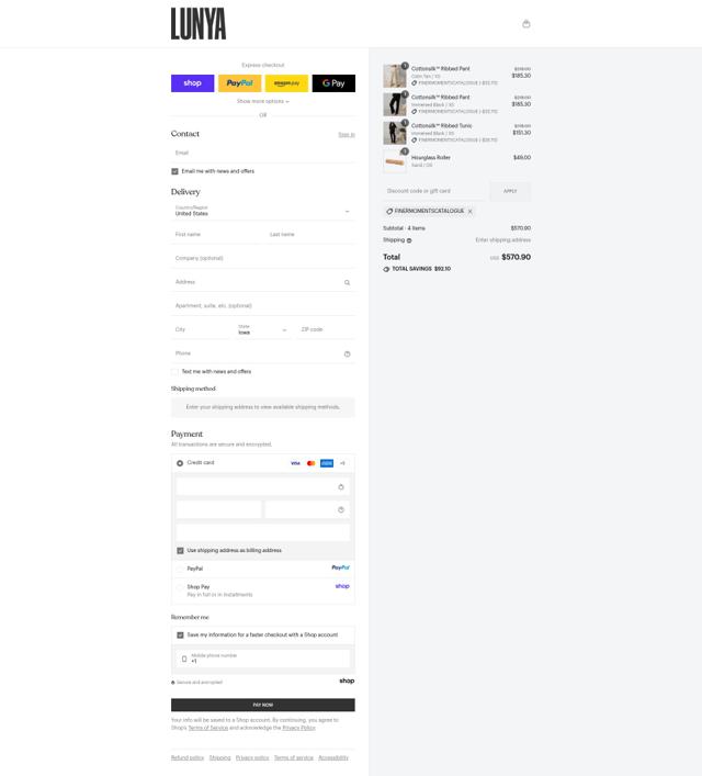 Lunya checkout page showing Lunya discount code box | Screenshot taken by SimplyCodes community member on Sep 11, 2025