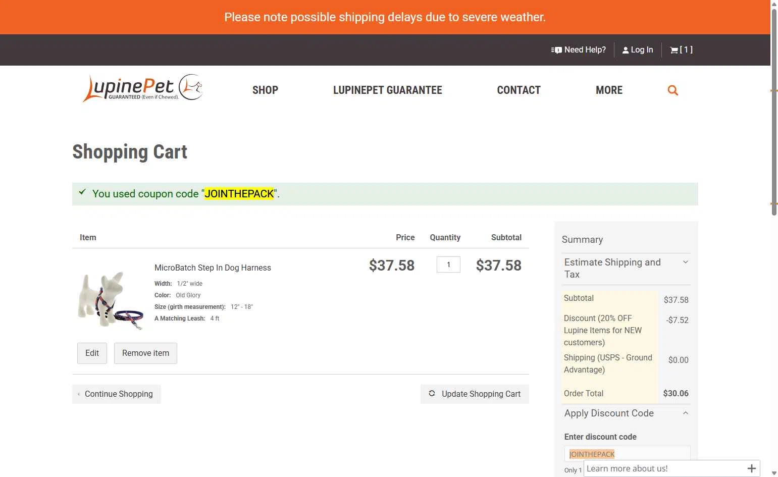 LupinePet checkout page showing LupinePet promo code box | Screenshot taken by SimplyCodes community member on Jan 1, 2026