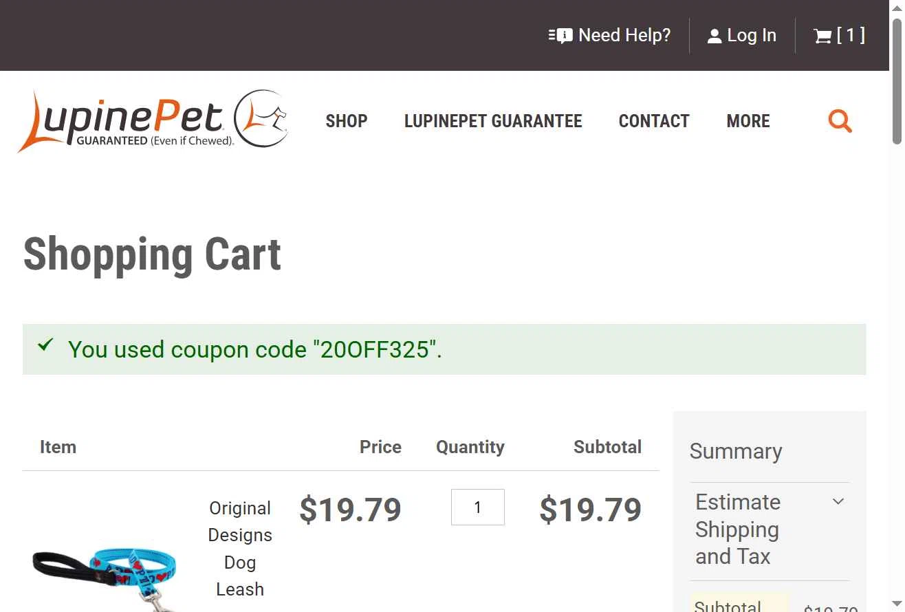 LupinePet checkout page showing LupinePet promo code box | Screenshot taken by SimplyCodes community member on Feb 1, 2026