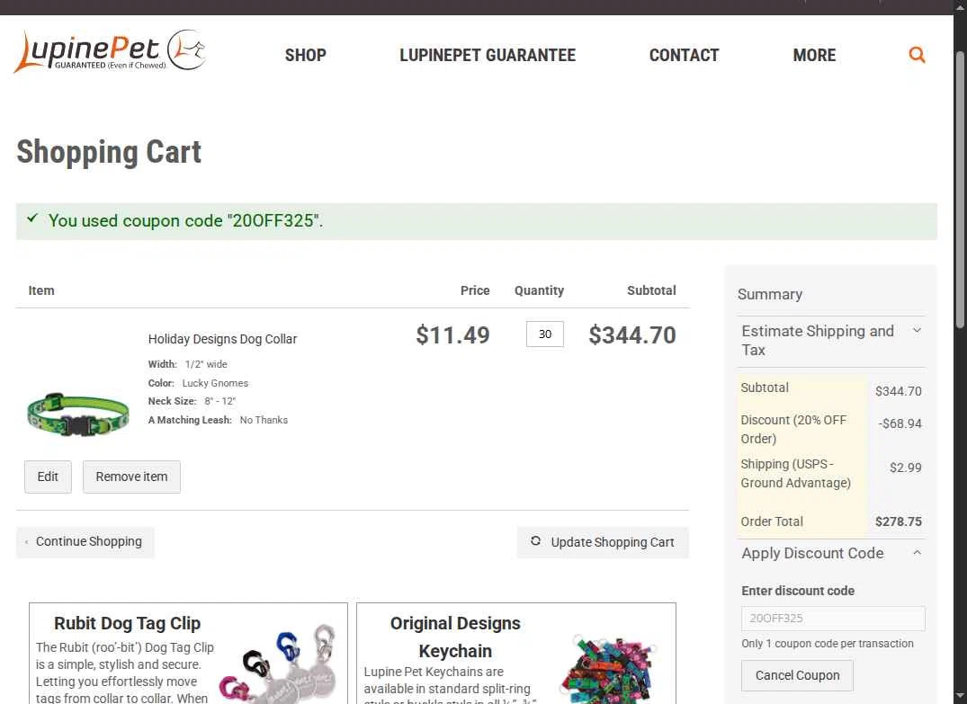 LupinePet checkout page showing LupinePet promo code box | Screenshot taken by SimplyCodes community member on Jan 3, 2026
