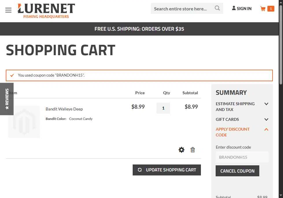 Lurenet Fishing Headquarters checkout page showing Lurenet Fishing Headquarters promo code box | Screenshot taken by SimplyCodes community member on May 22, 2025