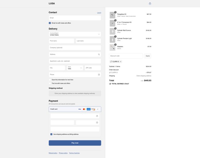 LUSA Lighting checkout page showing LUSA Lighting promo code box | Screenshot taken by SimplyCodes community member on Sep 4, 2025