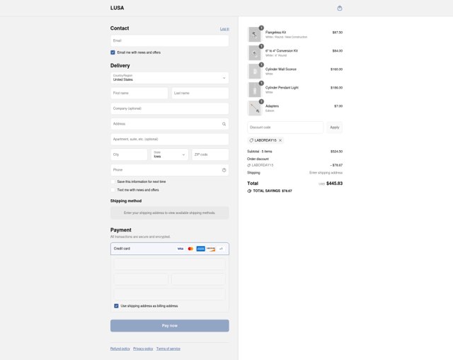 LUSA Lighting checkout page showing LUSA Lighting promo code box | Screenshot taken by SimplyCodes community member on Aug 31, 2025