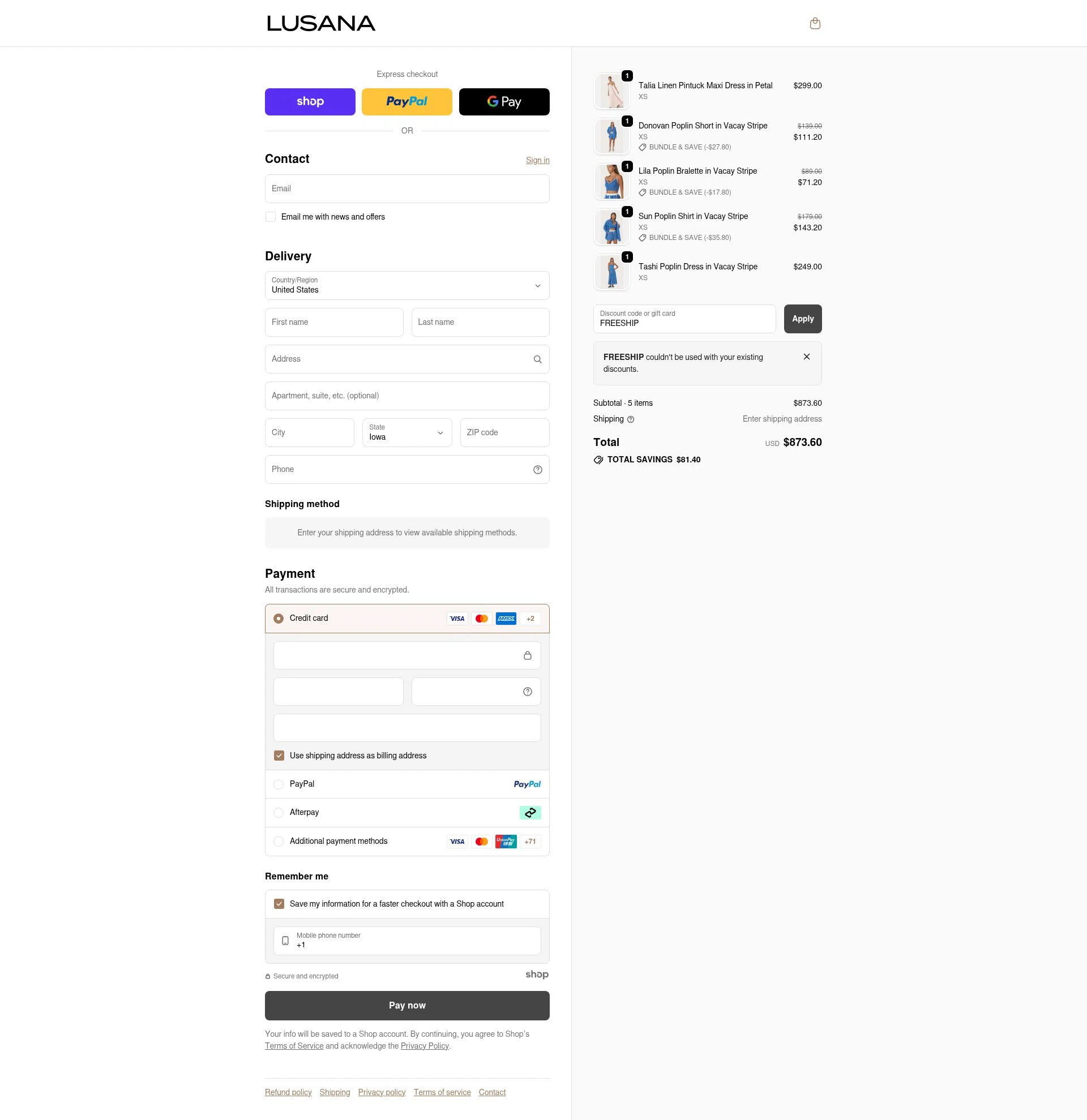 LUSANA checkout page showing LUSANA promo code box | Screenshot taken by SimplyCodes community member on Nov 25, 2025