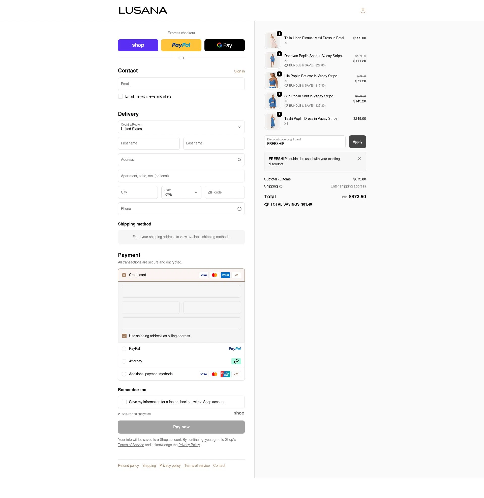 LUSANA checkout page showing LUSANA promo code box | Screenshot taken by SimplyCodes community member on Dec 5, 2025