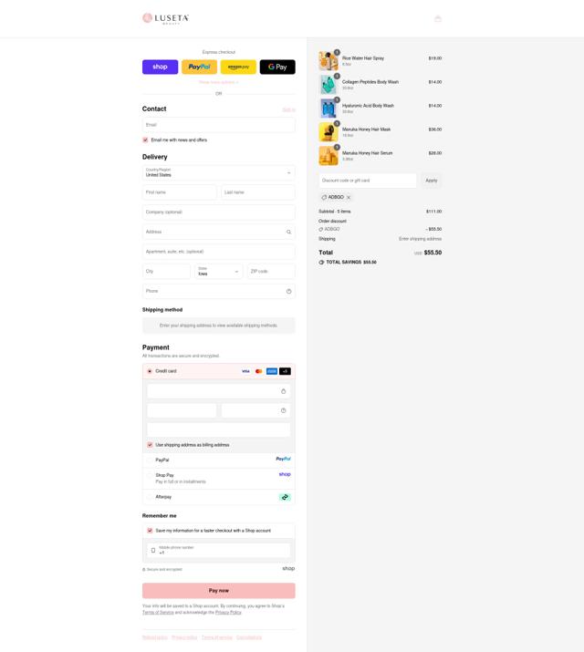 Luseta Beauty checkout page showing Luseta Beauty coupon code box | Screenshot taken by SimplyCodes community member on Sep 10, 2025
