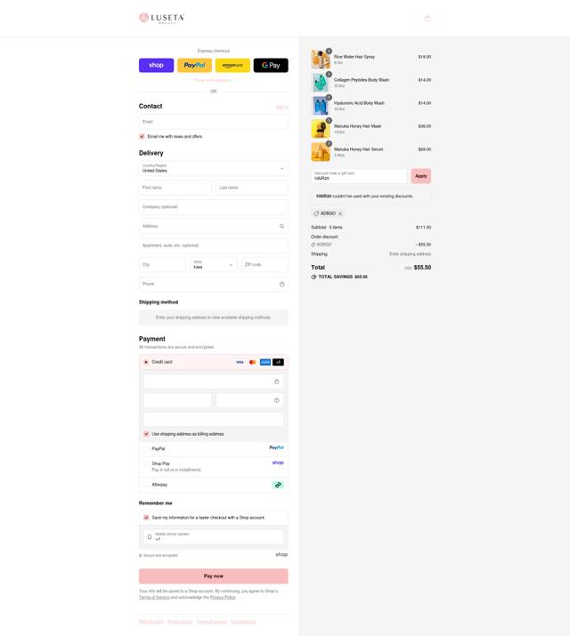 Luseta Beauty checkout page showing Luseta Beauty coupon code box | Screenshot taken by SimplyCodes community member on Sep 10, 2025