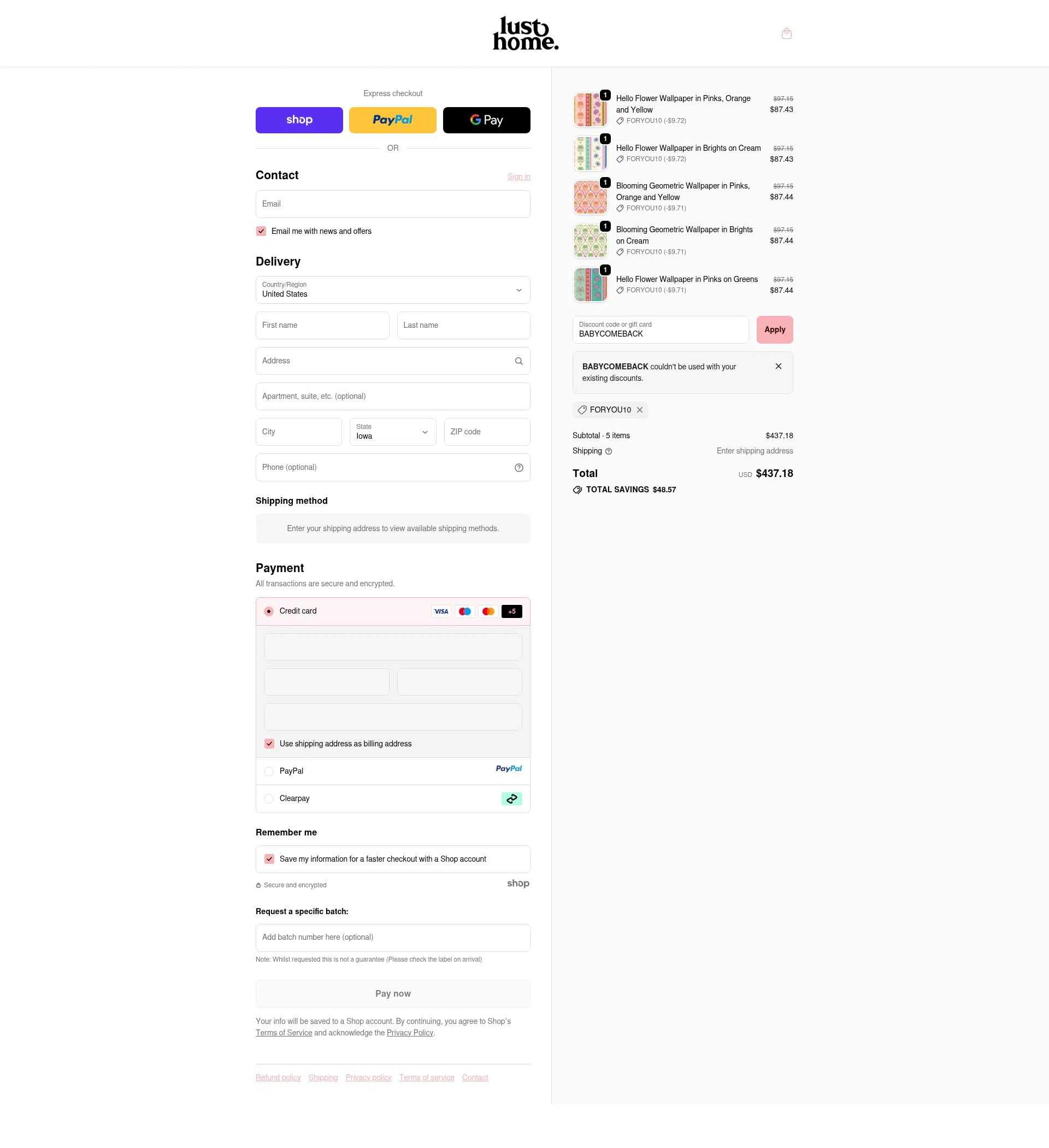 Lust Home checkout page showing Lust Home discount code box | Screenshot taken by SimplyCodes community member on Oct 23, 2025