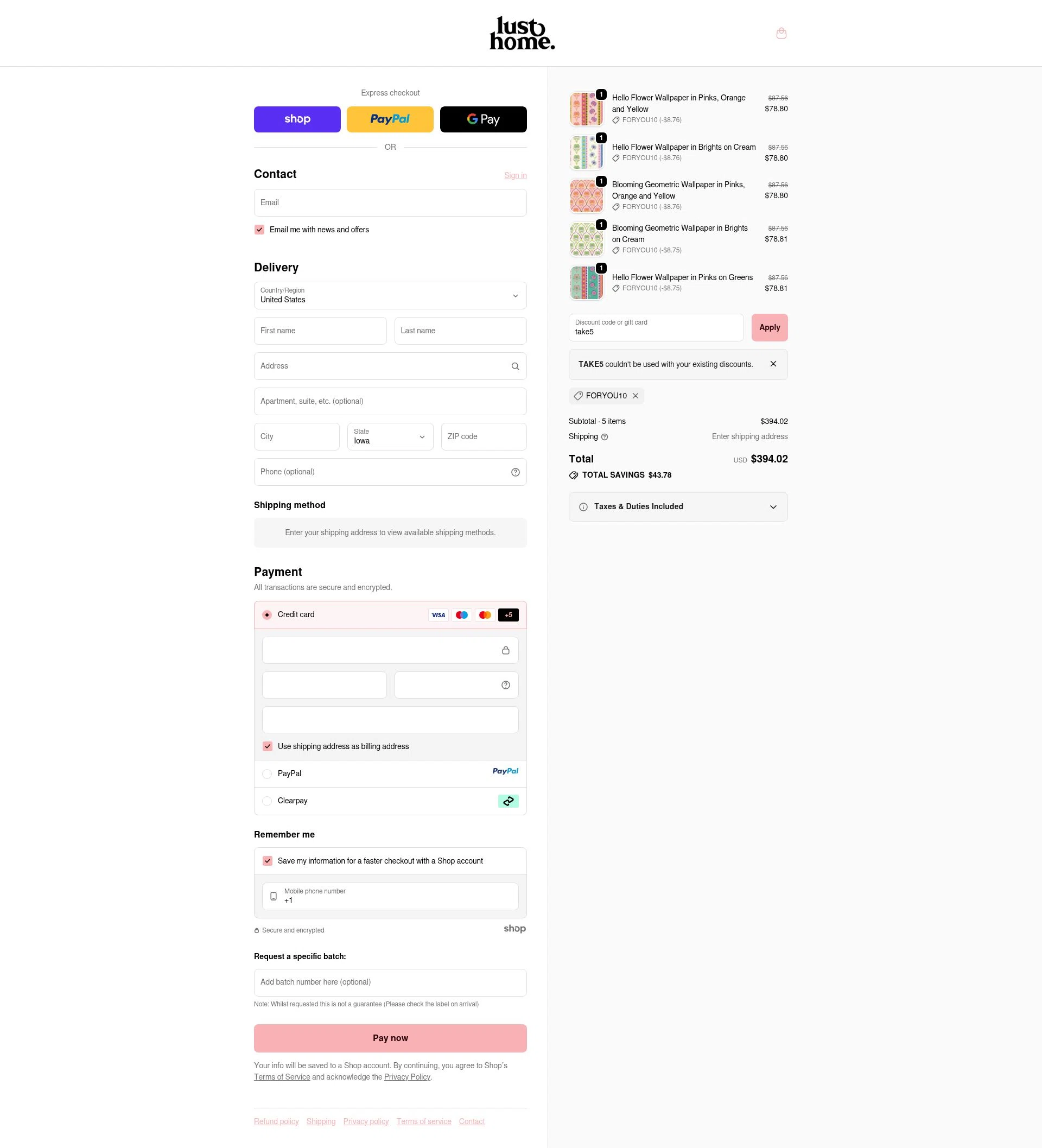 Lust Home checkout page showing Lust Home discount code box | Screenshot taken by SimplyCodes community member on Oct 28, 2025