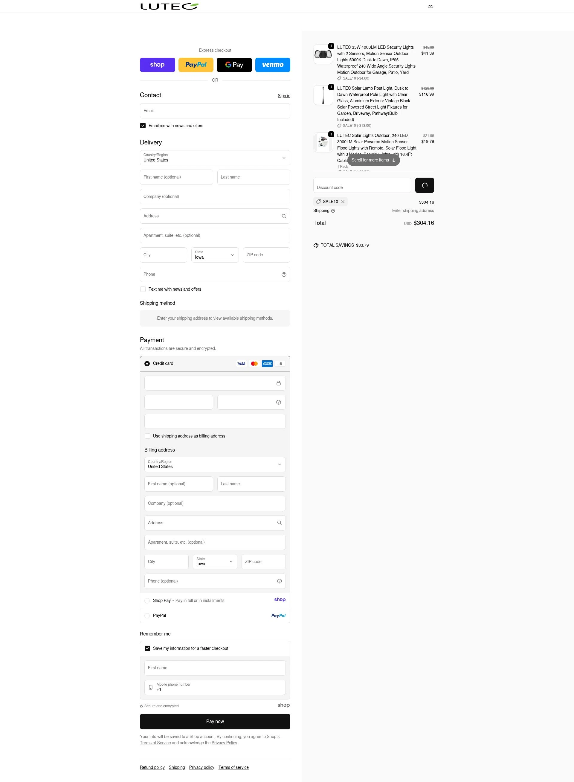 Lutec Lighting checkout page showing Lutec Lighting promo code box | Screenshot taken by SimplyCodes community member on Jan 1, 2026