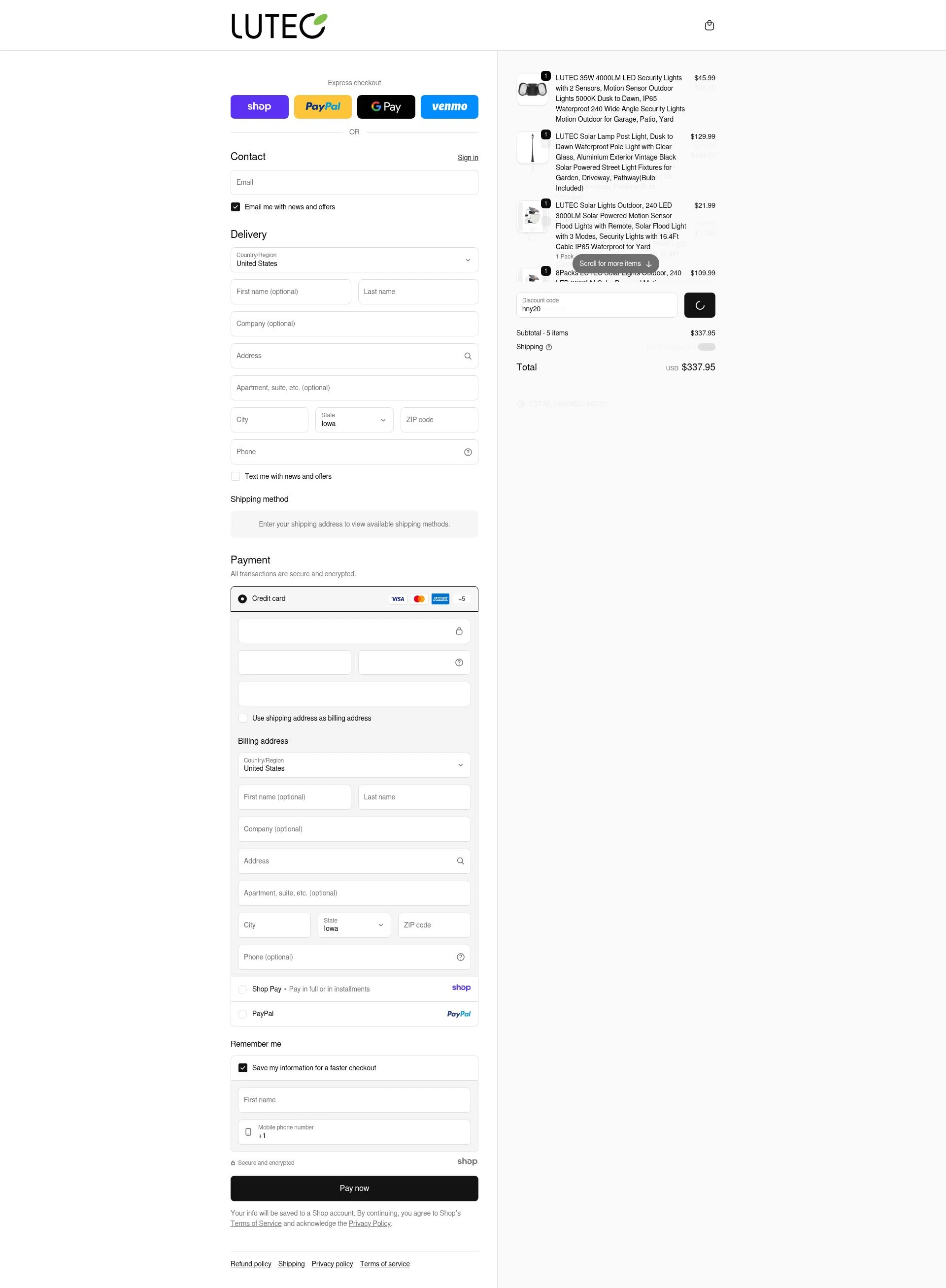 Lutec Lighting checkout page showing Lutec Lighting promo code box | Screenshot taken by SimplyCodes community member on Dec 22, 2025