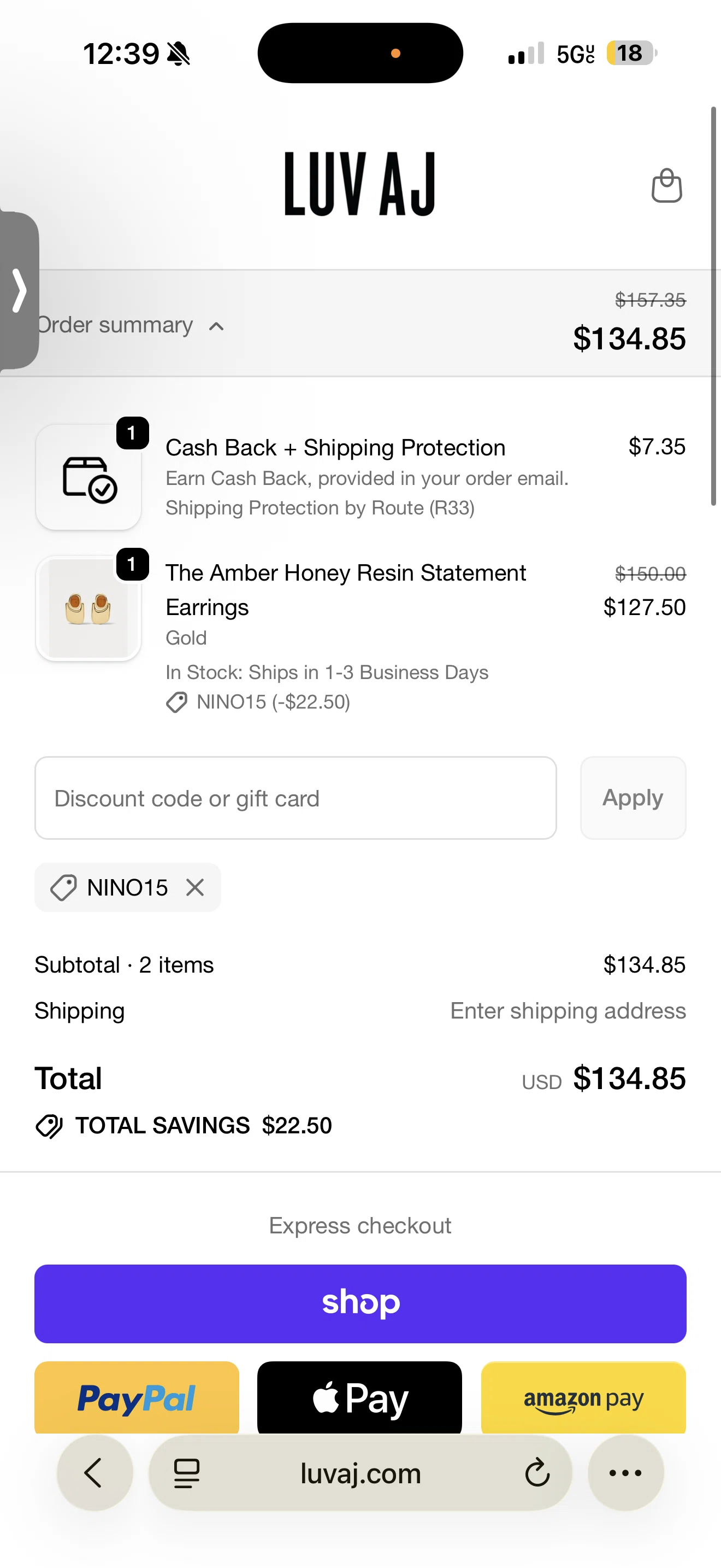 Luv Aj discount code screenshot showing code NINO15 applied at Luv Aj checkout page. Uploaded by SimplyCodes community member BudgetWarden2870 on Nov 13, 2025