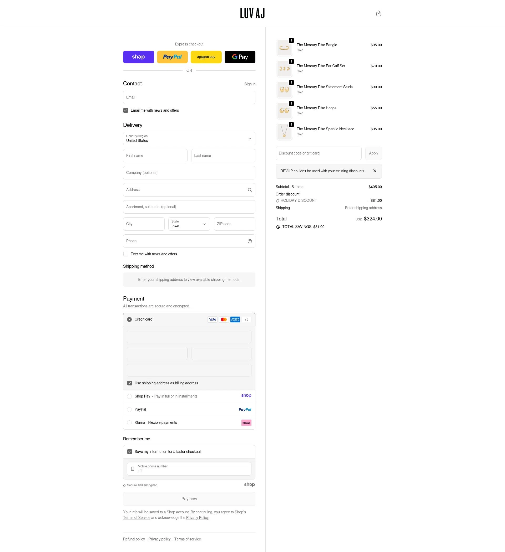 Luv Aj checkout page showing Luv Aj discount code box | Screenshot taken by SimplyCodes community member on Dec 31, 2025