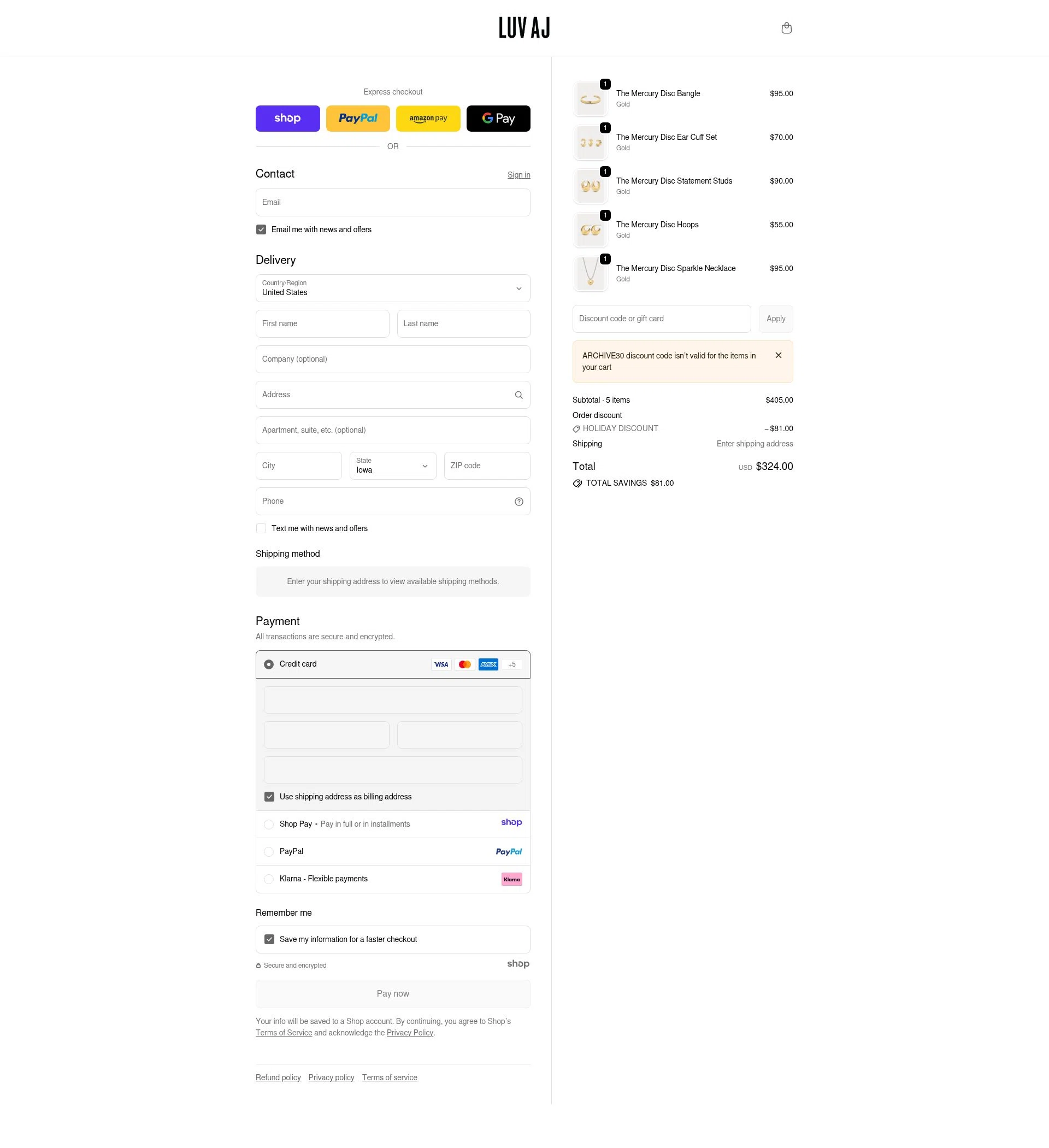 Luv Aj checkout page showing Luv Aj discount code box | Screenshot taken by SimplyCodes community member on Dec 31, 2025