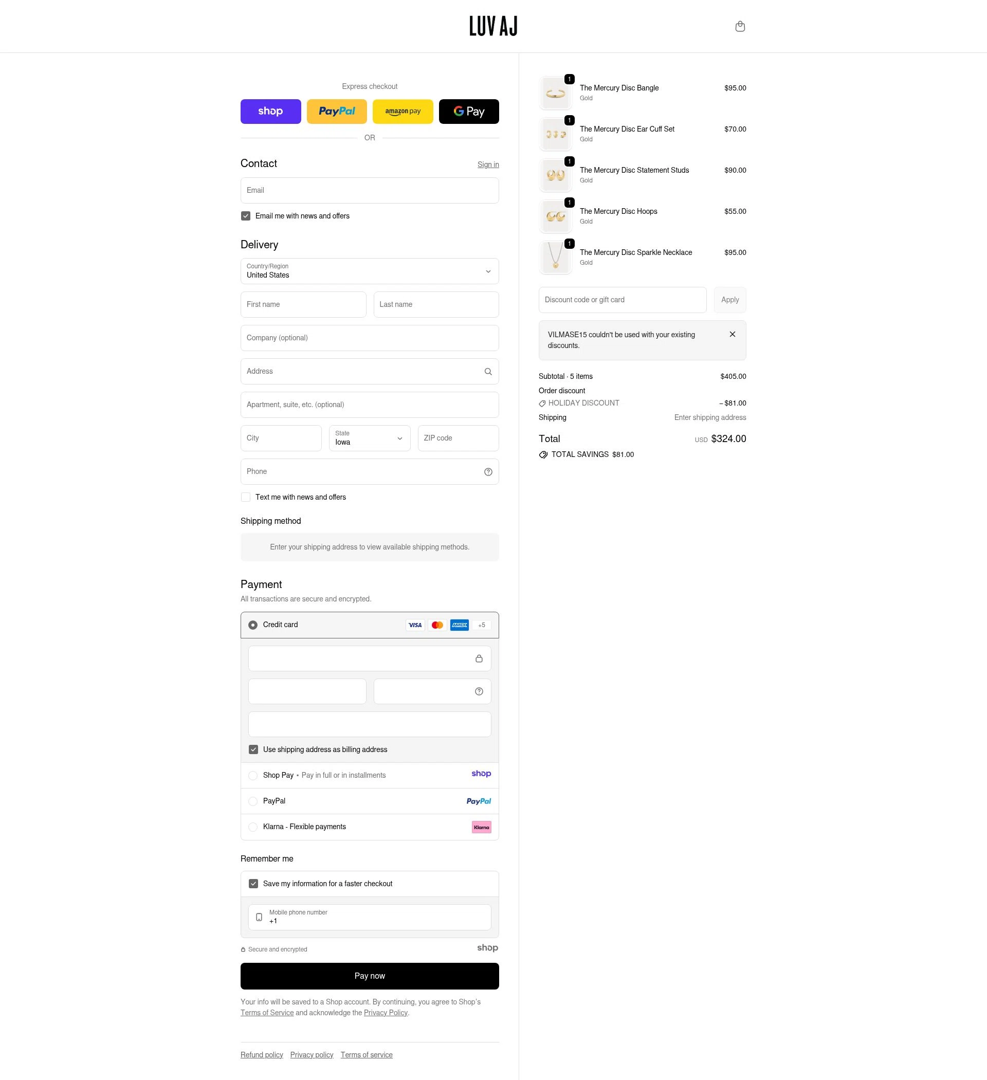 Luv Aj checkout page showing Luv Aj discount code box | Screenshot taken by SimplyCodes community member on Dec 26, 2025
