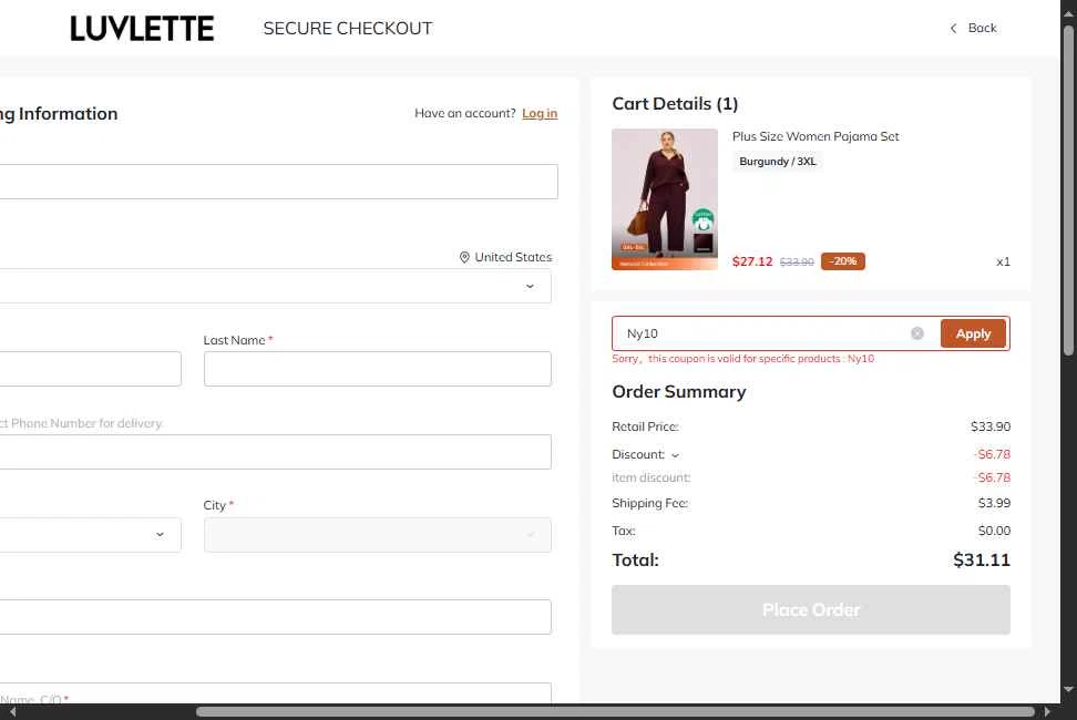 Luvlette checkout page showing Luvlette promo code box | Screenshot taken by SimplyCodes community member on Sep 17, 2025