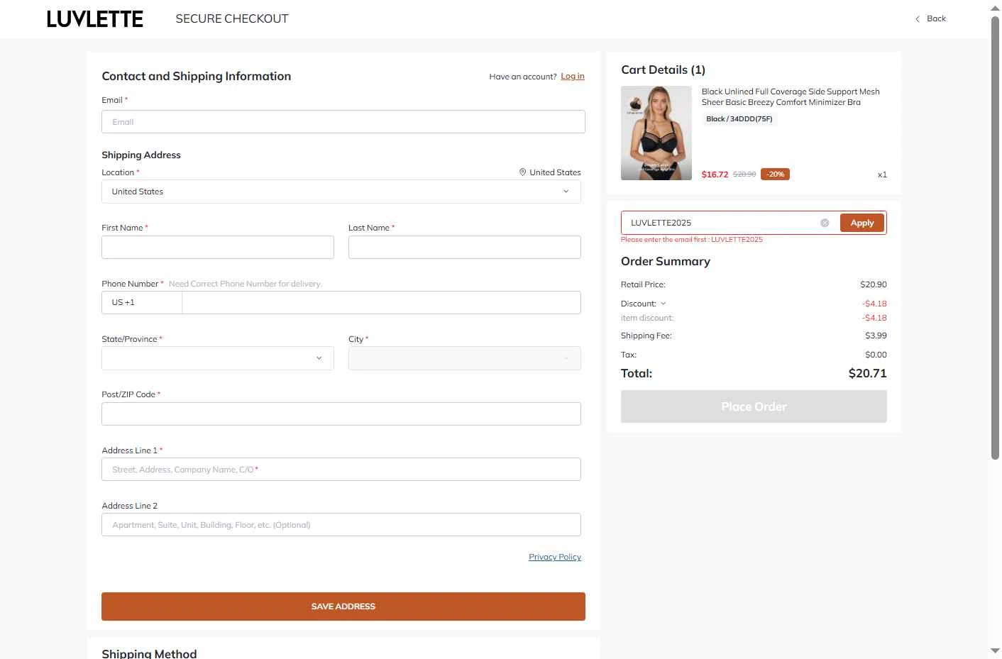 Luvlette checkout page showing Luvlette promo code box | Screenshot taken by SimplyCodes community member on Oct 16, 2025