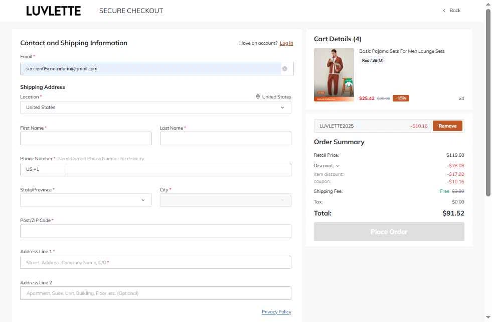 Luvlette checkout page showing Luvlette promo code box | Screenshot taken by SimplyCodes community member on Oct 31, 2025
