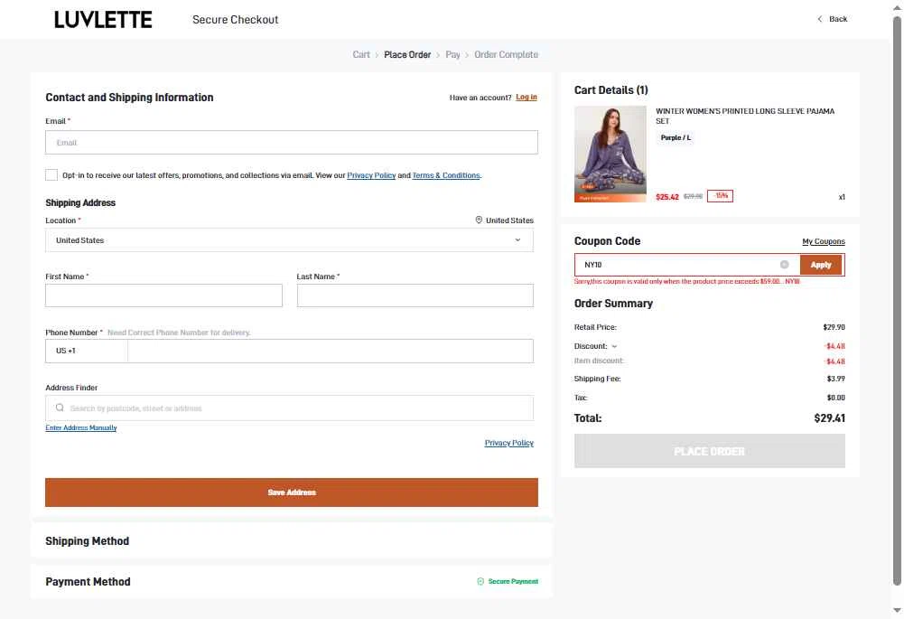 Luvlette checkout page showing Luvlette promo code box | Screenshot taken by SimplyCodes community member on Dec 29, 2025