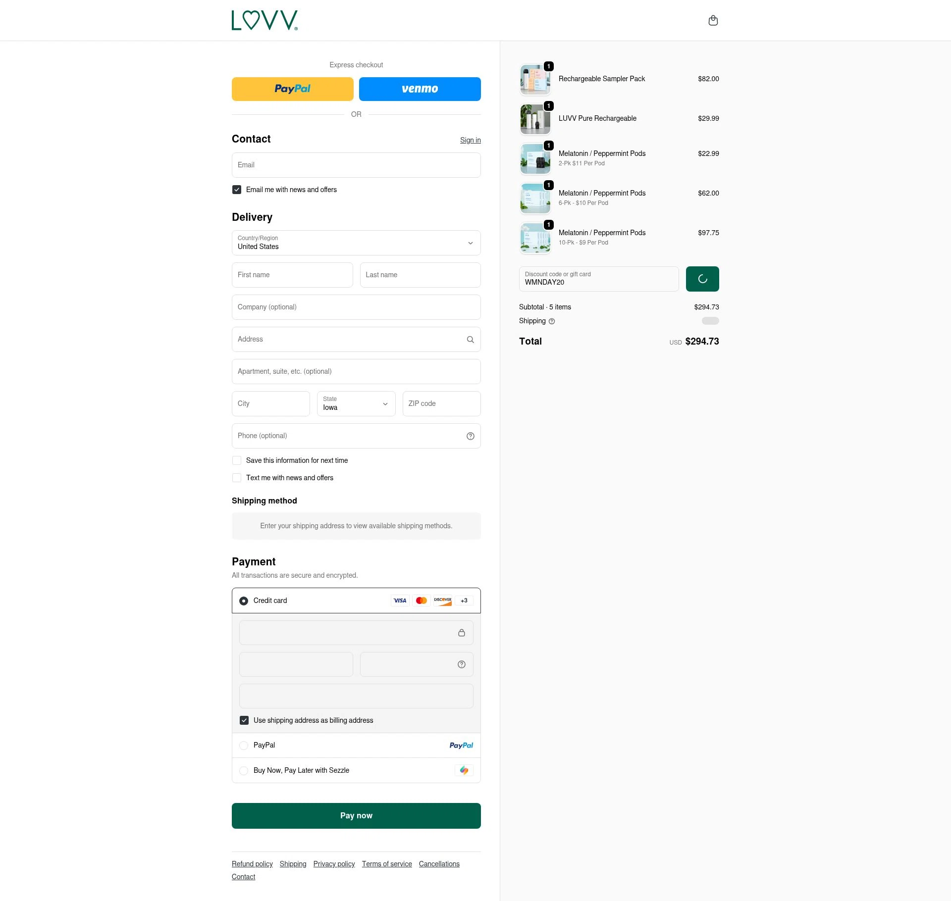 LUVV Labs checkout page showing LUVV Labs discount code box | Screenshot taken by SimplyCodes community member on Feb 21, 2026