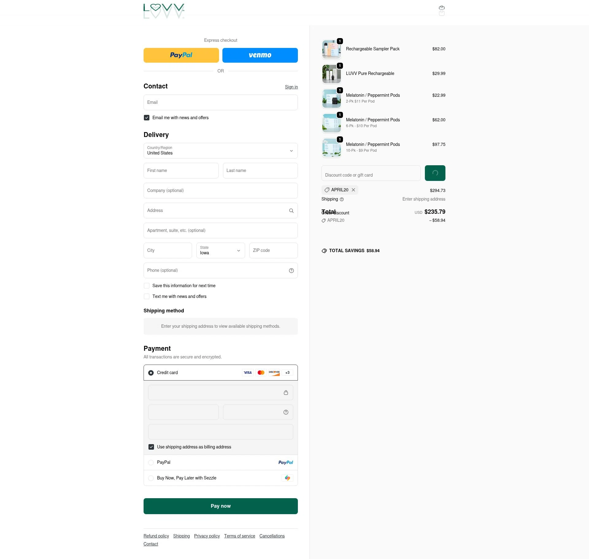 LUVV Labs checkout page showing LUVV Labs discount code box | Screenshot taken by SimplyCodes community member on Feb 21, 2026