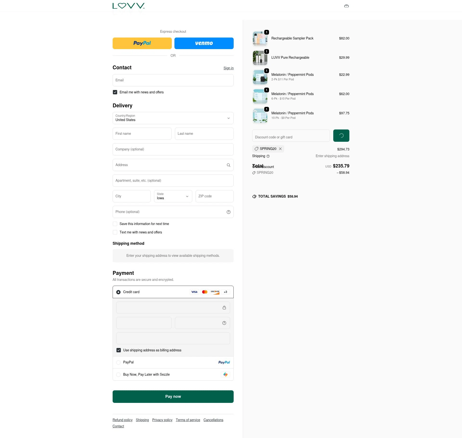 LUVV Labs checkout page showing LUVV Labs discount code box | Screenshot taken by SimplyCodes community member on Feb 21, 2026