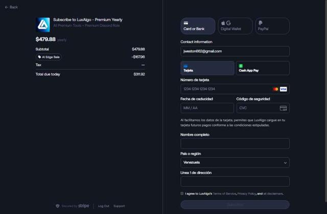 Lux Algo checkout page showing Lux Algo promo code box | Screenshot taken by SimplyCodes community member on Aug 2, 2025