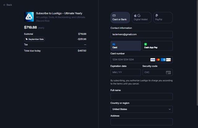 Lux Algo checkout page showing Lux Algo promo code box | Screenshot taken by SimplyCodes community member on Sep 15, 2025