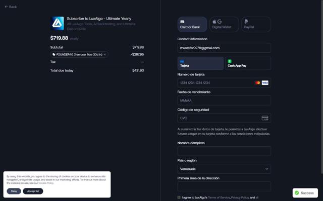 Lux Algo checkout page showing Lux Algo promo code box | Screenshot taken by SimplyCodes community member on Jul 13, 2025