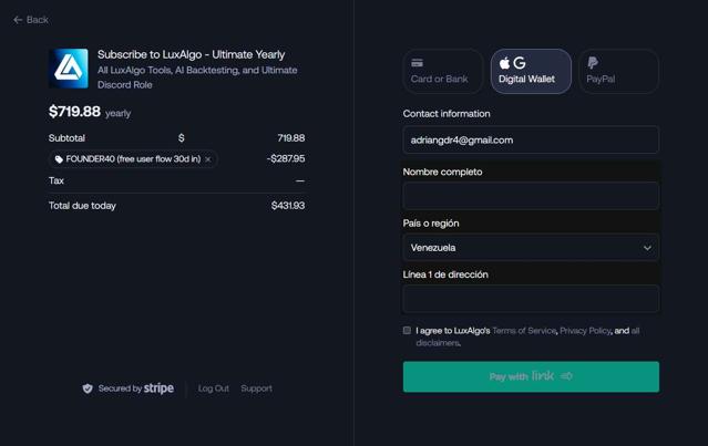 Lux Algo checkout page showing Lux Algo promo code box | Screenshot taken by SimplyCodes community member on Aug 5, 2025