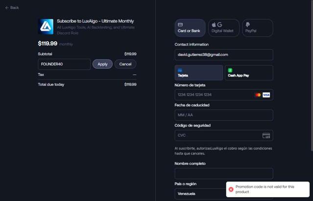 Lux Algo checkout page showing Lux Algo promo code box | Screenshot taken by SimplyCodes community member on Sep 16, 2025