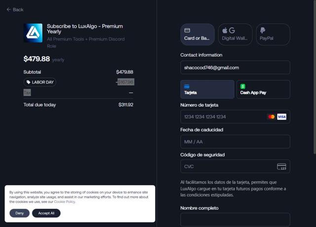 Lux Algo checkout page showing Lux Algo promo code box | Screenshot taken by SimplyCodes community member on Aug 26, 2025