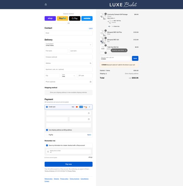 Luxe Bidet checkout page showing Luxe Bidet coupon code box | Screenshot taken by SimplyCodes community member on Sep 6, 2025