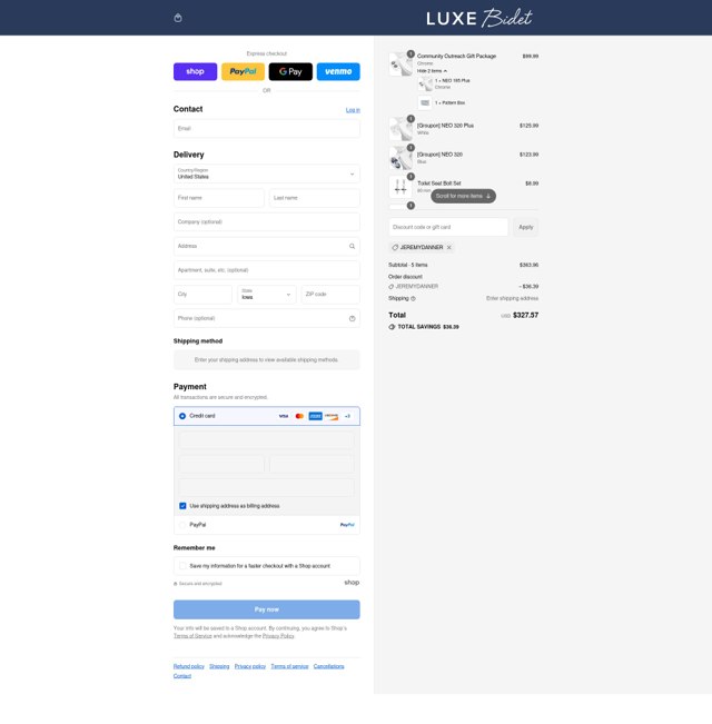 Luxe Bidet checkout page showing Luxe Bidet coupon code box | Screenshot taken by SimplyCodes community member on Sep 6, 2025